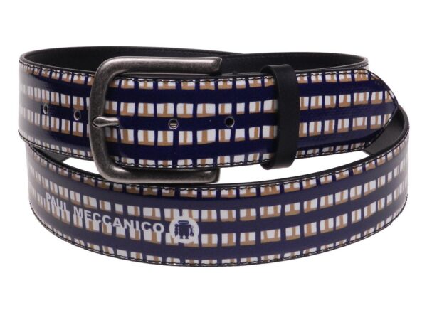 MAN'S BELT BLUE, WHITE AND BEIGE COLOURS MADE OF LORRY TARPAULIN. - Paul Meccanico