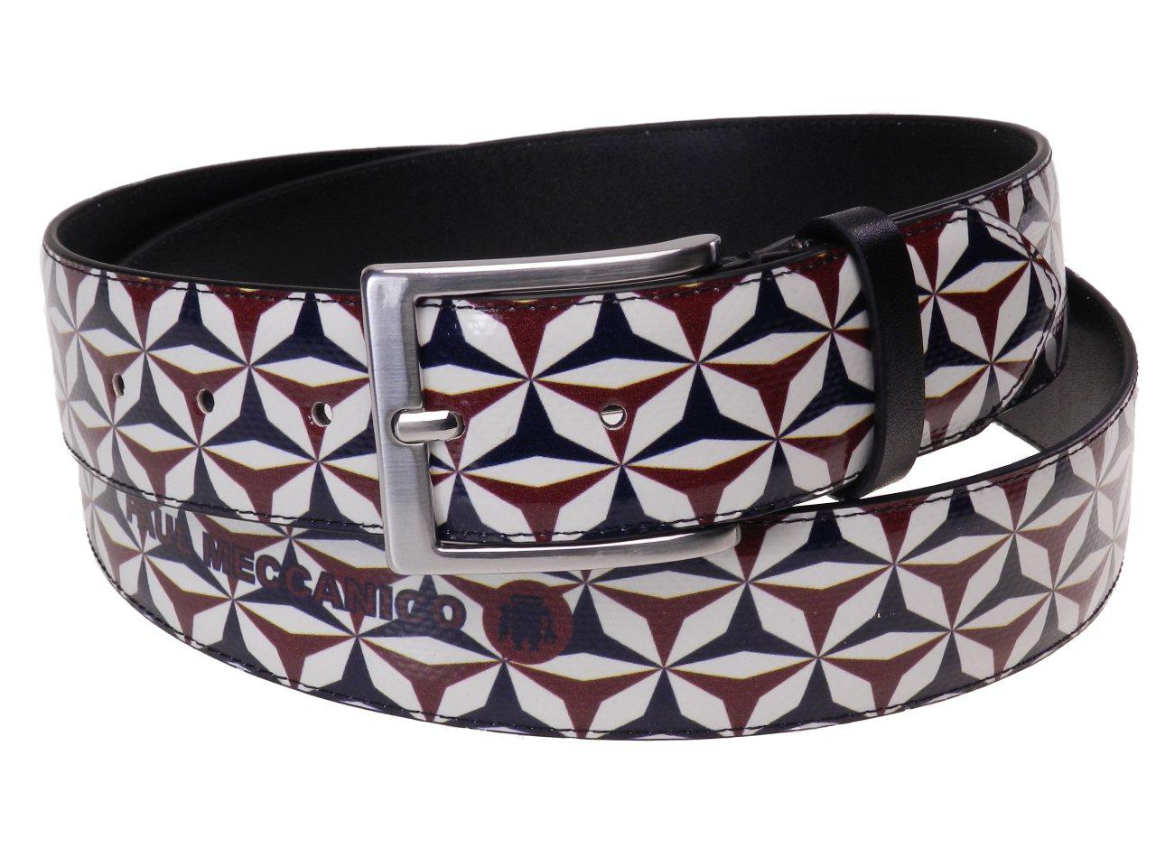 MAN'S BELT BLUE, WHITE AND DARK RED COLOURS GEOMETRIC FANTASY MADE OF LORRY TARPAULIN. - Paul Meccanico