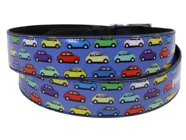 MAN'S BELT LIGHT BLU COLOUR WITH PRINT OF THE MYTHICAL "FIAT 500" MADE OF LORRY TARPAULIN. - Unique Pieces Paul Meccanico