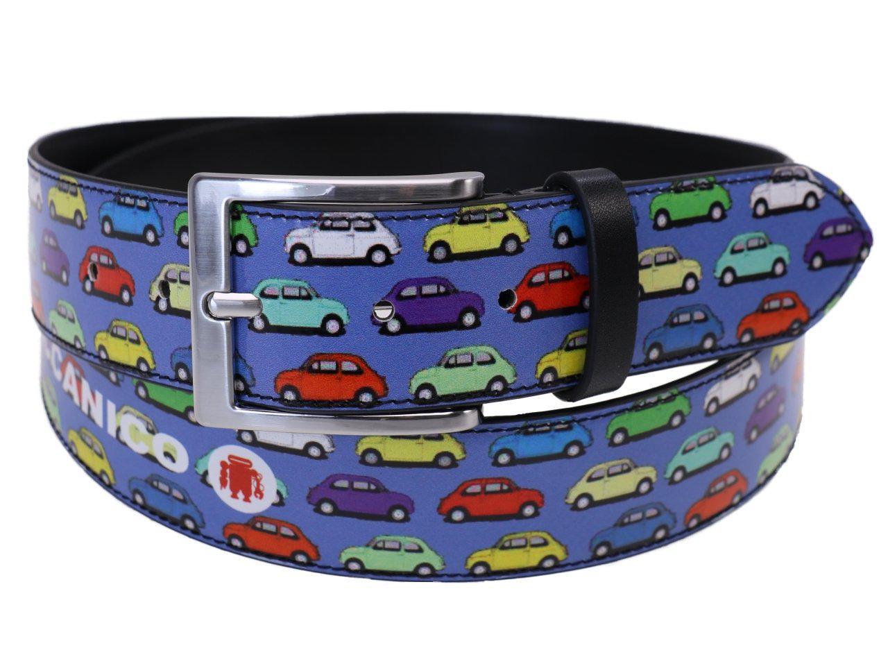 MAN'S BELT LIGHT BLU COLOUR WITH PRINT OF THE MYTHICAL "FIAT 500" MADE OF LORRY TARPAULIN. - Unique Pieces Paul Meccanico