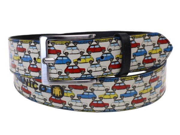 MAN'S BELT OFF WHITE COLOUR WITH PRINT OF THE MYTHICAL MINI CAR MADE OF LORRY TARPAULIN. - Unique Pieces Paul Meccanico
