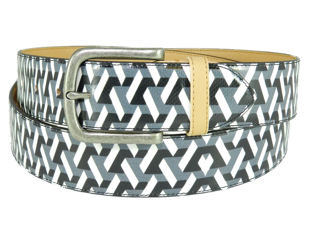 MAN'S BELT PAUL MECCANICO. BLACK, WHITE AND GREY COLOURS WITH GEOMETRIC FANTASY. - Paul Meccanico