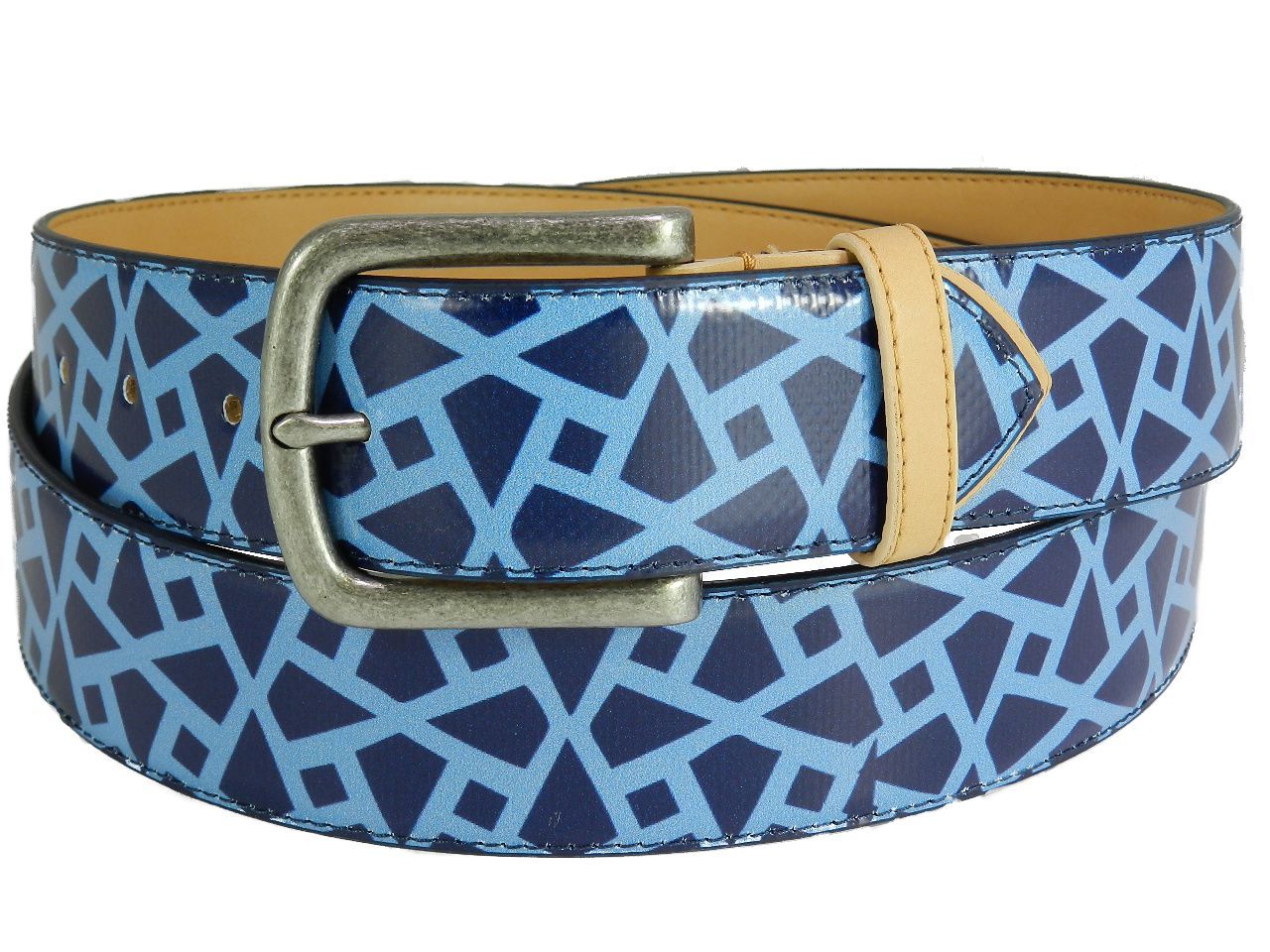 MAN'S BELT PAUL MECCANICO. BLUE AND LIGHT BLUE COLOURS WITH GEOMETRICA FANTASY. - Paul Meccanico