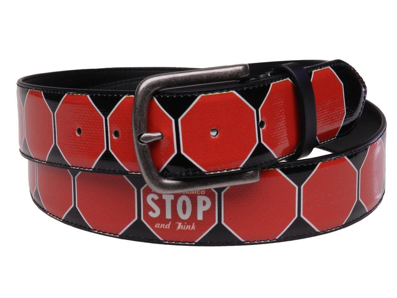 MAN'S BELT RED AND BLACK COLOURS GEOMETRIC FANTASY "STOP AND THINK" MADE OF LORRY TARPAULIN. - Unique Pieces Paul Meccanico