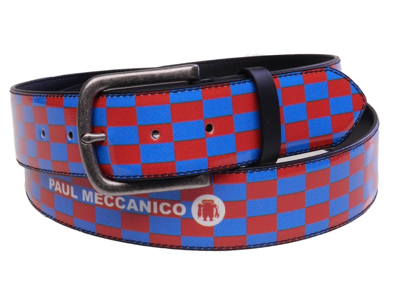 MAN'S BELT RED AND LIGHT BLUE COLOURS GEOMETRIC FANTASY MADE OF LORRY TARPAULIN. - Paul Meccanico
