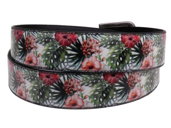 MAN'S BELT WHITE COLOUR WITH TROPICAL FLOWERS MADE OF LORRY TARPAULIN. - Unique Pieces Paul Meccanico