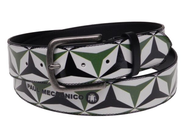 MAN'S BELT WHITE, GREEN AND BLACK COLOURS GEOMETRICA FANTASY MADE OF LORRY TARPAULIN. - Paul Meccanico