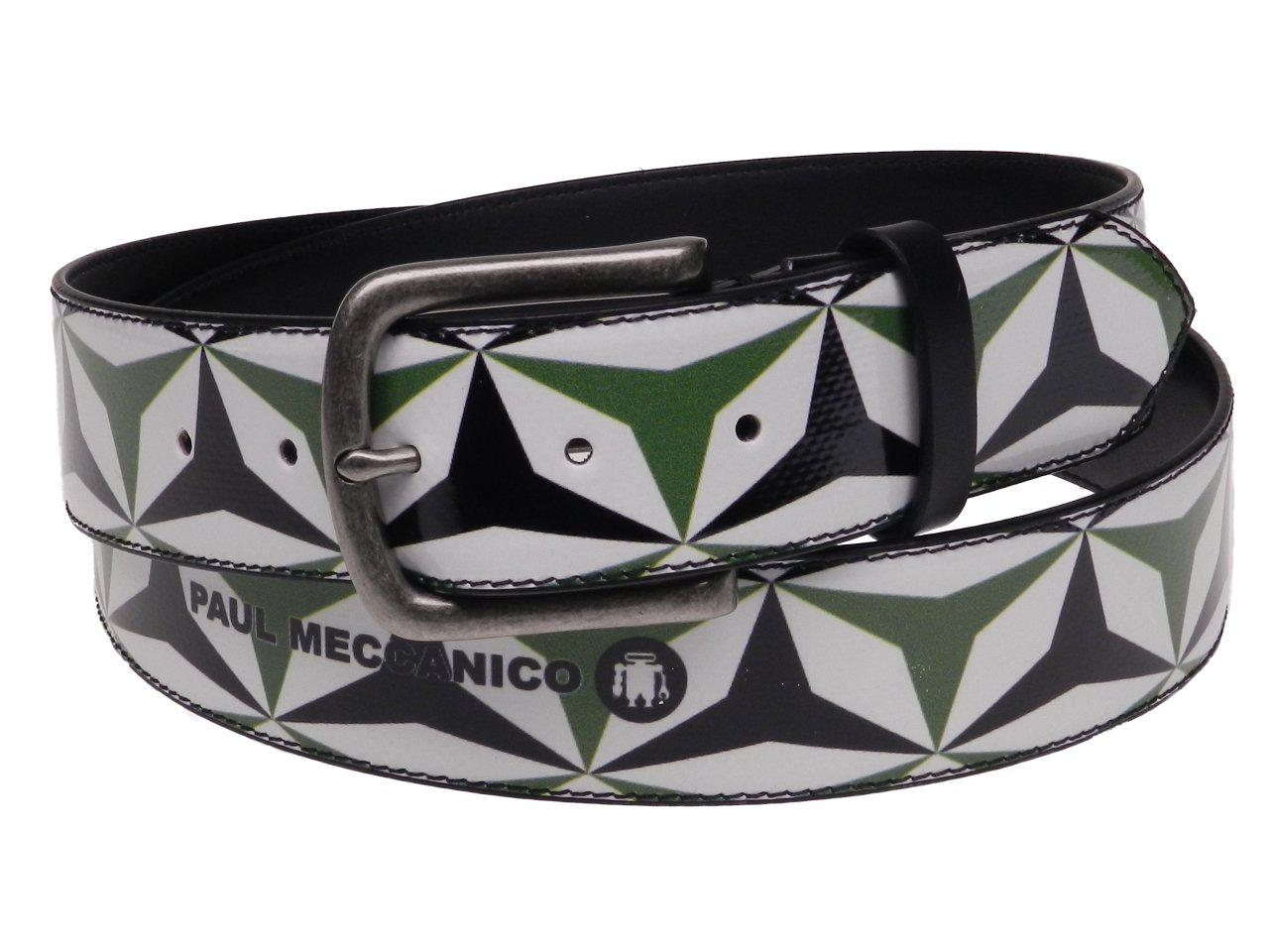 MAN'S BELT WHITE, GREEN AND BLACK COLOURS GEOMETRICA FANTASY MADE OF LORRY TARPAULIN. - Paul Meccanico