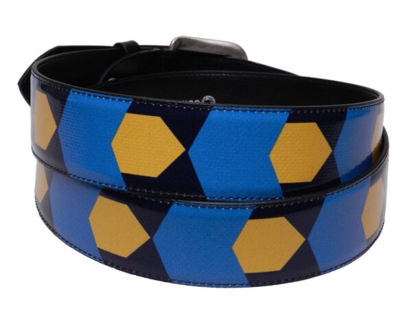 MAN'S BELT YELLOW, LIGHT BLUE AND BLUE COLOURS GEOMETRIC FANTASY MADE OF LORRY TARPAULIN. - Paul Meccanico