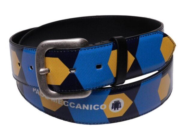 MAN'S BELT YELLOW, LIGHT BLUE AND BLUE COLOURS GEOMETRIC FANTASY MADE OF LORRY TARPAULIN. - Paul Meccanico