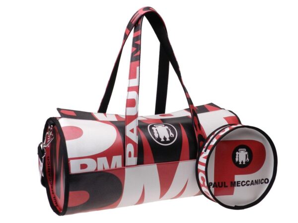 MAXI BOSTON BAG FOR GYM MADE OF SOFT SYNTHETIC LEATHER. MODEL ROLLING WHITE, RED AND BLACK COLOURS LETTERING FANTASY. - Unique Pieces Paul Meccanico