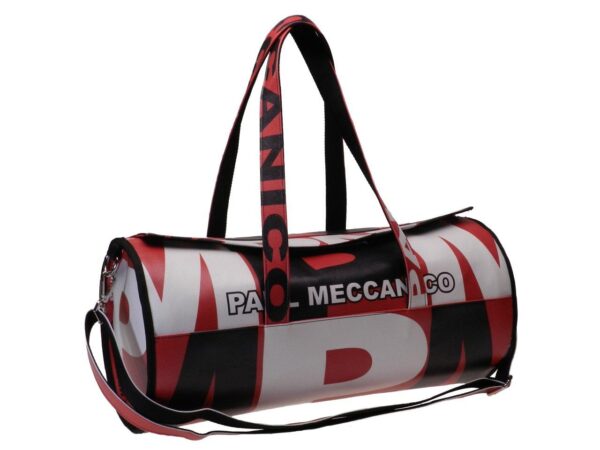 MAXI BOSTON BAG FOR GYM MADE OF SOFT SYNTHETIC LEATHER. MODEL ROLLING WHITE, RED AND BLACK COLOURS LETTERING FANTASY. - Unique Pieces Paul Meccanico