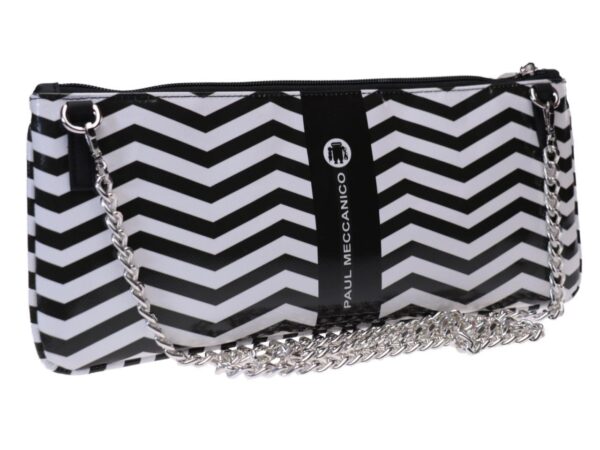CLUTCH BAG BLACK AND WHITE WITH GEOMETRIC FANTASY. MODEL RIBELLA MADE OF LORRY TARPAULIN. - Unique Pieces Paul Meccanico