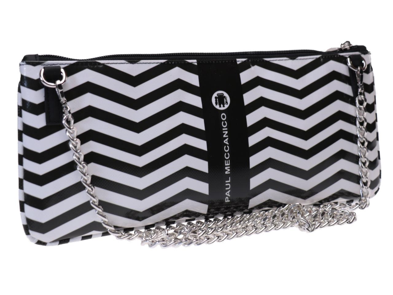 CLUTCH BAG BLACK AND WHITE WITH GEOMETRIC FANTASY. MODEL RIBELLA MADE OF LORRY TARPAULIN. - Unique Pieces Paul Meccanico