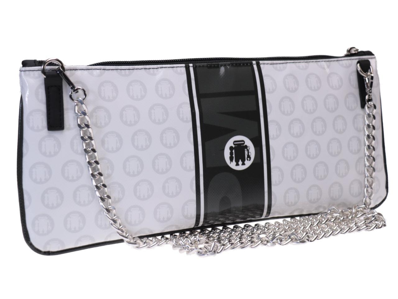 CLUTCH BAG BLACK AND WHITE WITH PAUL MECCANICO LOGOS. MODEL RIBELLA MADE OF LORRY TARPAULIN. - Unique Pieces Paul Meccanico
