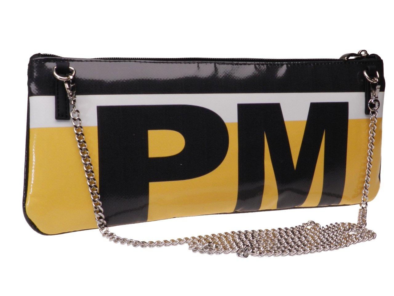 CLUTCH BAG YELLOW, BLACK AND WHITE. MODEL RIBELLA MADE OF LORRY TARPAULIN. ARTICLE SLIGHTLY STAINED ON THE FRONT. - Unique Pieces Paul Meccanico