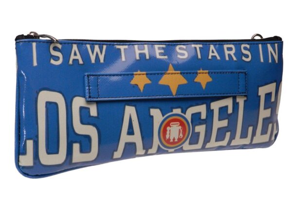 CLUTCH BAG BLUE BEIGE "LOS ANGELES - I LOVE TO BE UNIQUE". MODEL RIBELLA MADE OF LORRY TARPAULIN. - Unique Pieces Paul Meccanico