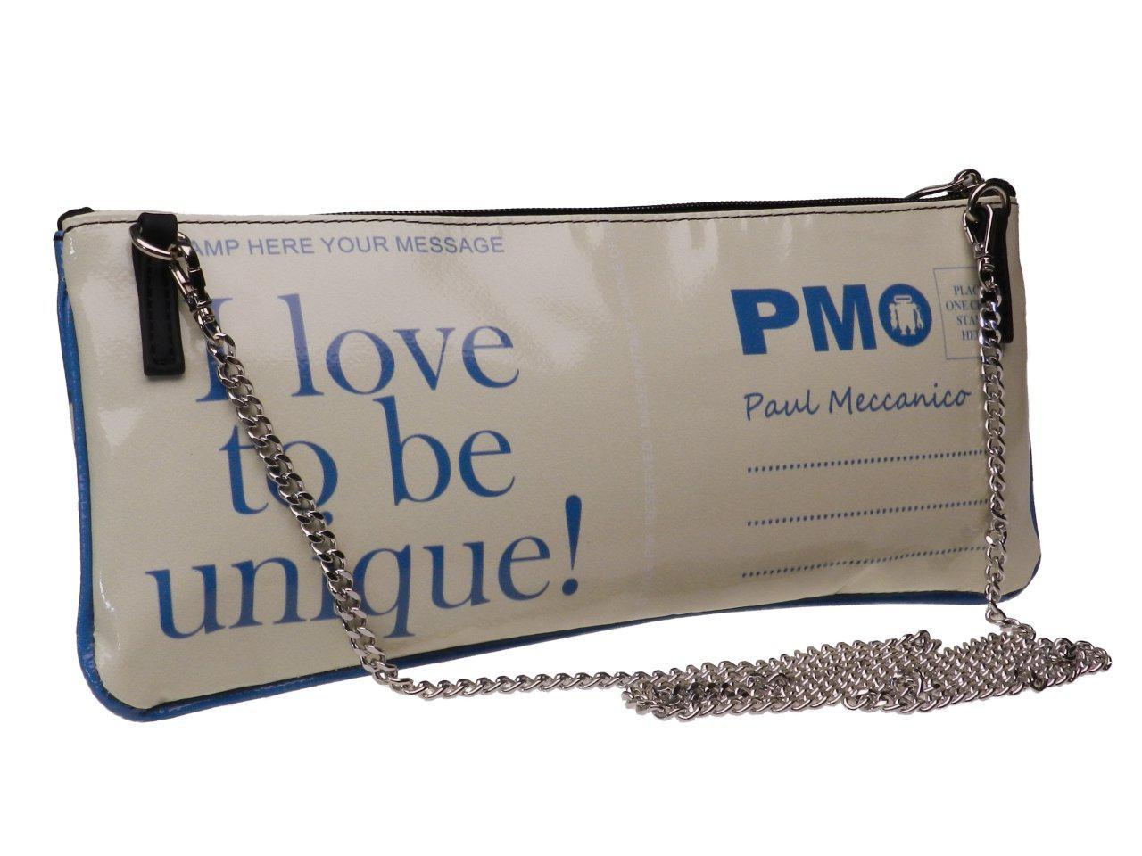 CLUTCH BAG BLUE BEIGE "LOS ANGELES - I LOVE TO BE UNIQUE". MODEL RIBELLA MADE OF LORRY TARPAULIN. - Unique Pieces Paul Meccanico
