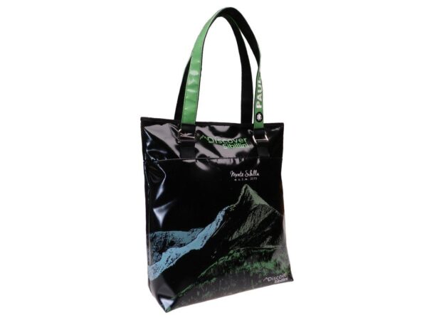 MAXI SHOPPER BAG "DISCOVER SIBILLINI" BLACK COLOUR WITH STYLIZED IMAGE OF MONTE SIBILLA. SELZ MODEL MADE OF LORRY TARPAULIN. - Limited Edition Paul Meccanico