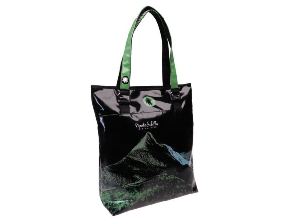 MAXI SHOPPER BAG "DISCOVER SIBILLINI" BLACK COLOUR WITH STYLIZED IMAGE OF MONTE SIBILLA. SELZ MODEL MADE OF LORRY TARPAULIN. - Limited Edition Paul Meccanico