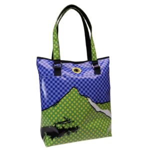 MAXI SHOPPER "DISCOVER SIBILLINI" BLACK, BLUE AND GREEN COLOUR WITH 'MONTE SIBILLA' PRINT. MODEL SELZ MADE OF LORRY TARPAULIN. - Limited Edition Paul Meccanico