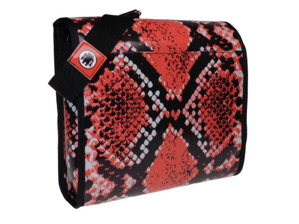 MAXI SHOULDER BAG BLACK AND RED COLOURS PYTHONATED FANTASY WITH HEART PRINT. BREAK MODEL MADE OF LORRY TARPAULIN. - Unique Pieces Paul Meccanico