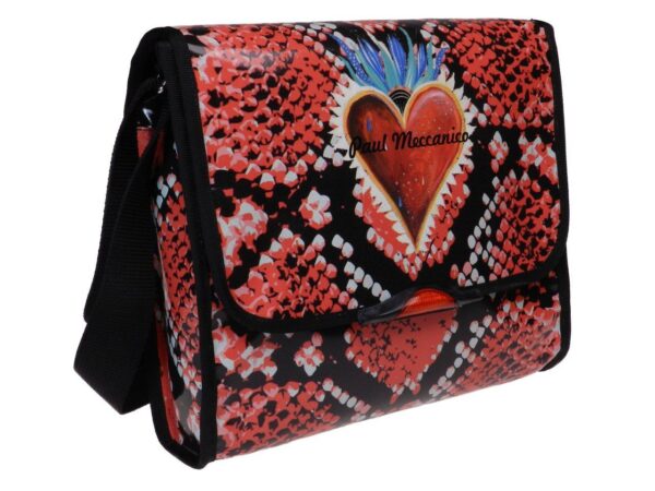 MAXI SHOULDER BAG BLACK AND RED COLOURS PYTHONATED FANTASY WITH HEART PRINT. BREAK MODEL MADE OF LORRY TARPAULIN. - Unique Pieces Paul Meccanico