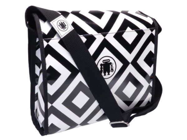 MAXI SHOULDER BAG BLACK AND WHITE GEOMETRIC FANTASY. BREAK MODEL MADE OF LORRY TARPAULIN. - Unique Pieces Paul Meccanico