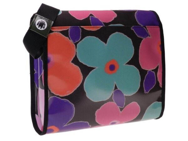 MAXI SHOULDER BAG BLACK, PINK, VIOLET AND GREEN COLOURS FLORAL FANTASY. BREAK MODEL MADE OF LORRY TARPAULIN. - Unique Pieces Paul Meccanico