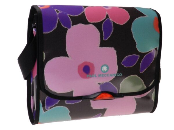 MAXI SHOULDER BAG BLACK, PINK, VIOLET AND GREEN COLOURS FLORAL FANTASY. BREAK MODEL MADE OF LORRY TARPAULIN. - Unique Pieces Paul Meccanico