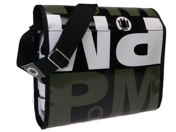 MAXI SHOULDER BAG DARK GREEN, BLACK AND WHITE LETTERING FANTASY. BREAK MODEL MADE OF LORRY TARPAULIN. - Unique Pieces Paul Meccanico