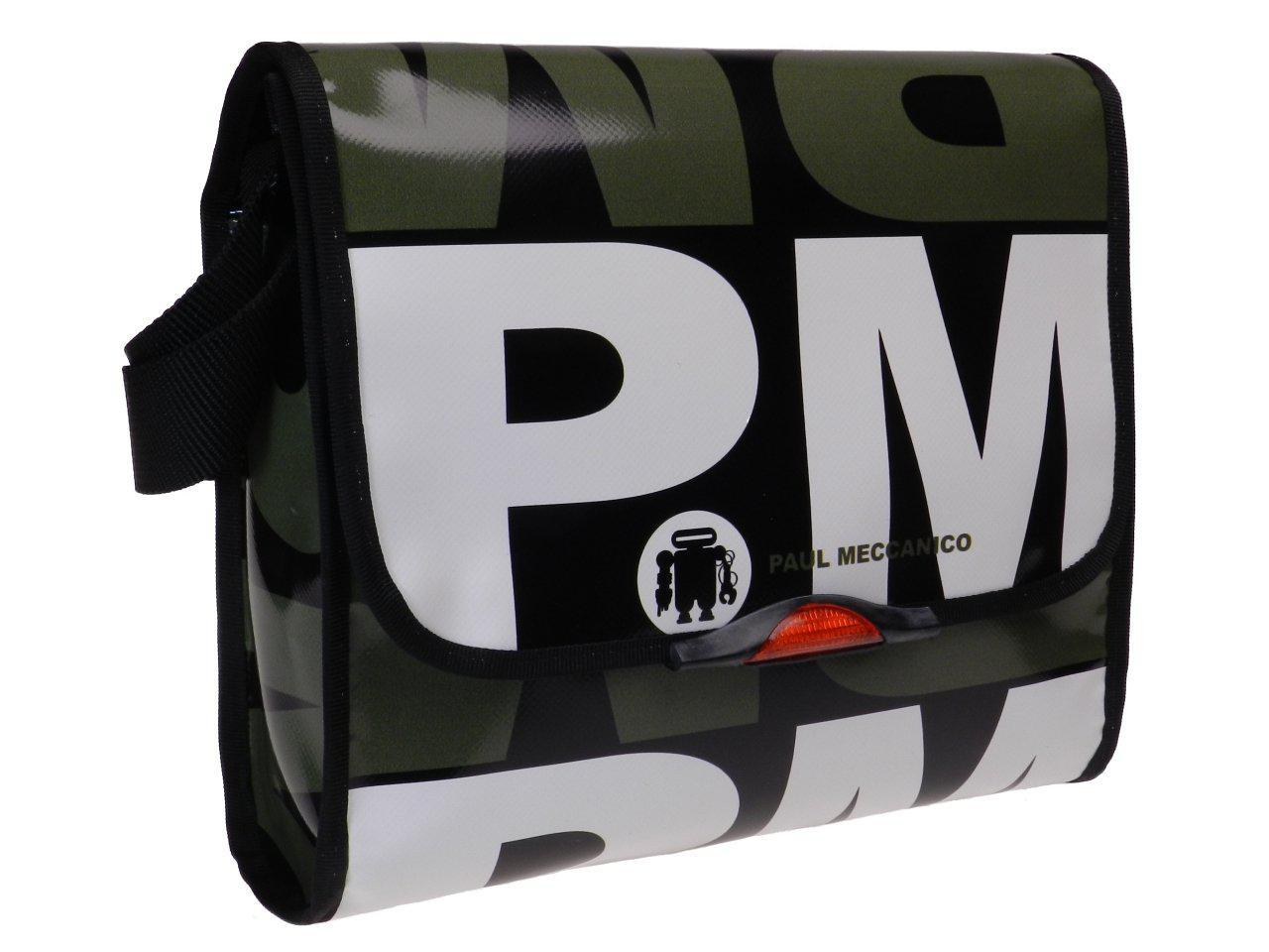 MAXI SHOULDER BAG DARK GREEN, BLACK AND WHITE LETTERING FANTASY. BREAK MODEL MADE OF LORRY TARPAULIN. - Unique Pieces Paul Meccanico