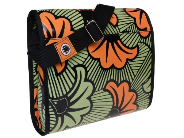 MAXI SHOULDER BAG GREEN AND ORANGE COLOURS FLORAL FANTASY. BREAK MODEL MADE OF LORRY TARPAULIN. - Unique Pieces Paul Meccanico
