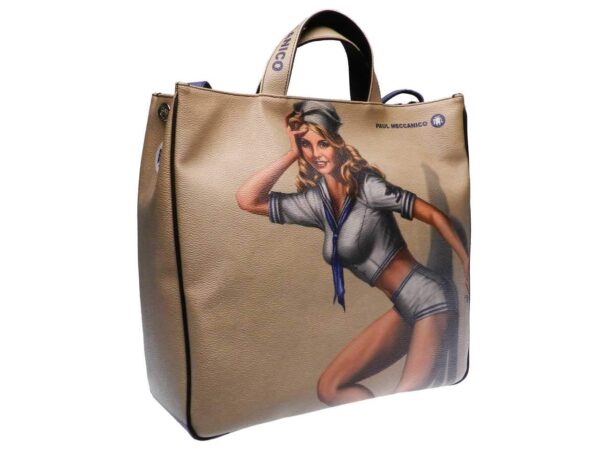 MAXI TOTE BAG BEIGE COLOR COMIC VINTAGE STYLE. AIRSTONE MODEL MADE OF HAMMERED FAUX LEATHER. - Unique Pieces Paul Meccanico