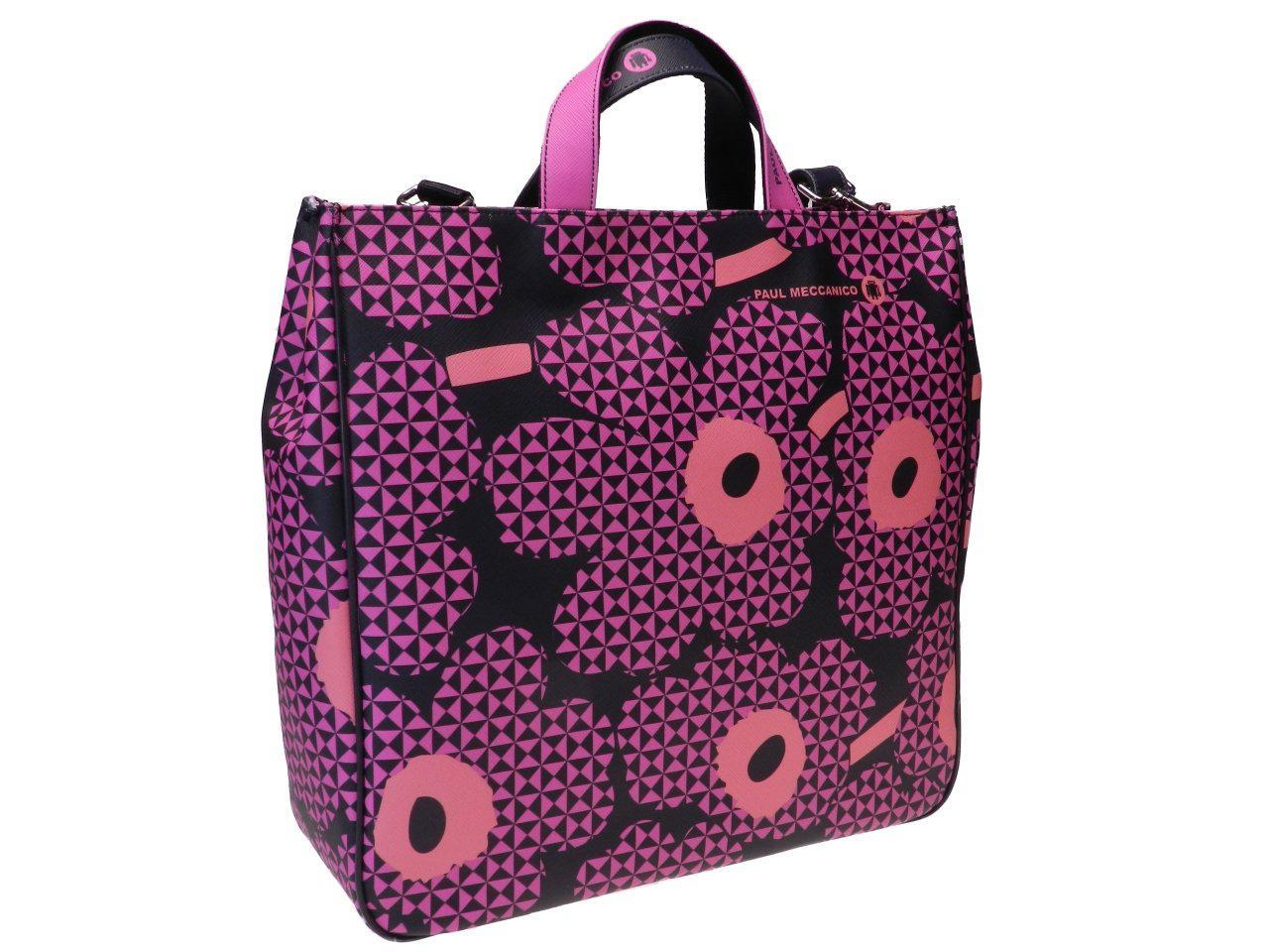 MAXI TOTE BAG BLACK AND FUXIA COLOURS WITH GEOMETRIC FLOWERS. AIRSTONE MODEL MADE OF SOFT SYNTHETIC LEATHER. - Unique Pieces Paul Meccanico