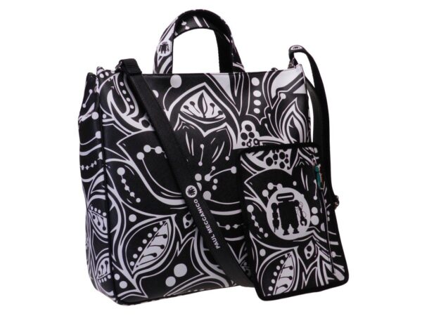 MAXI TOTE BAG BLACK AND WHITE COLOURS FLORAL FANTASY. AIRSTONE MODEL MADE OF CRUELTY FREE LEATHER. - Unique Pieces Paul Meccanico