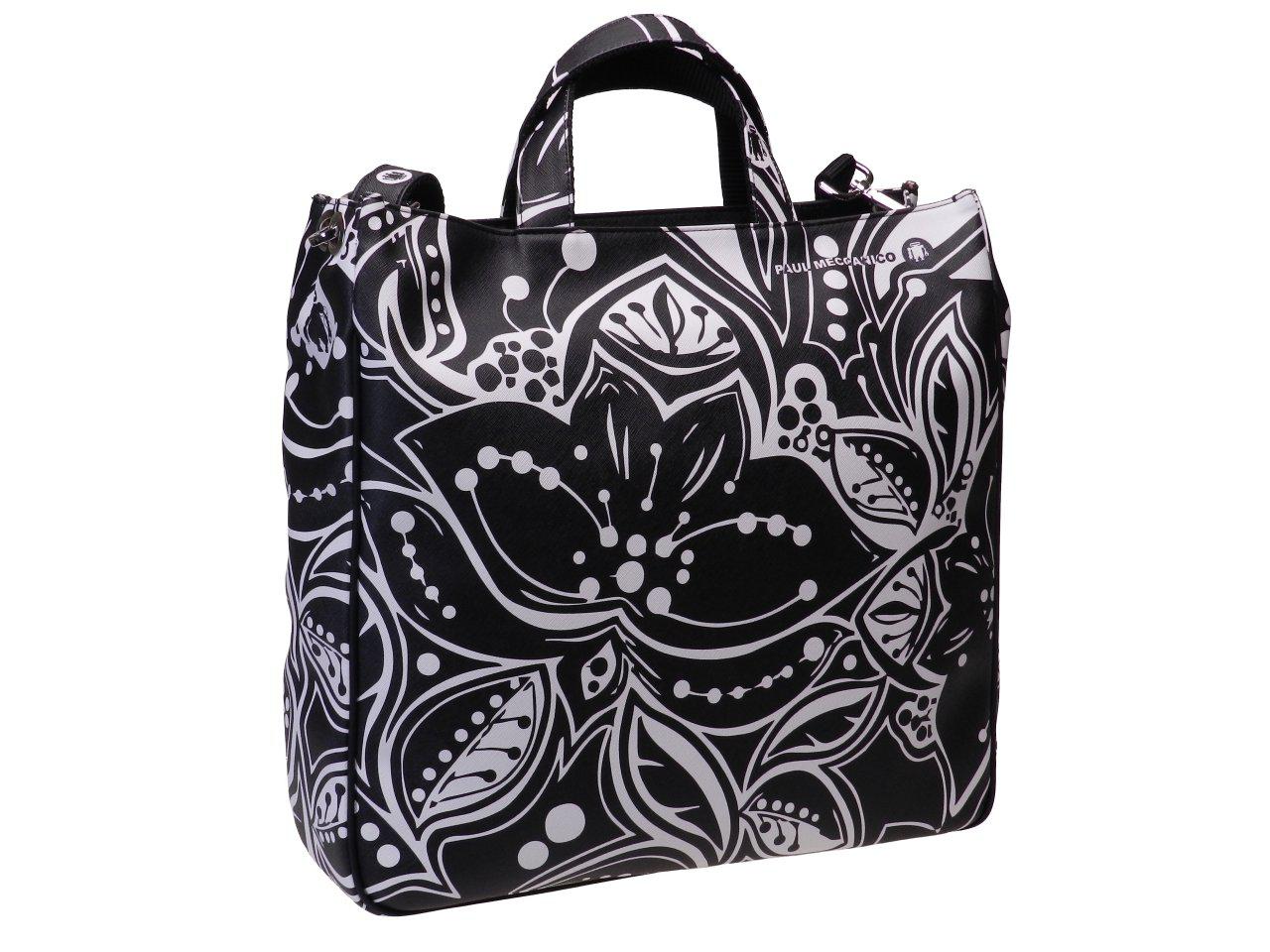 MAXI TOTE BAG BLACK AND WHITE COLOURS FLORAL FANTASY. AIRSTONE MODEL MADE OF CRUELTY FREE LEATHER. - Unique Pieces Paul Meccanico