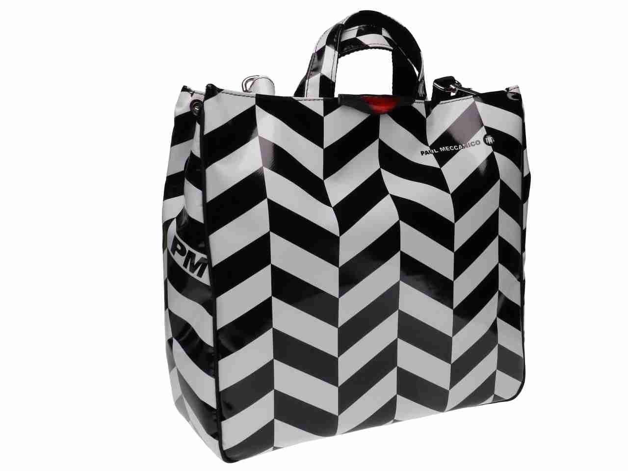 MAXI TOTE BAG BLACK AND WHITE GEOMETRIC FANTASY. AIRSTONE MODEL MADE OF LORRY TARPAULIN. - Unique Pieces Paul Meccanico