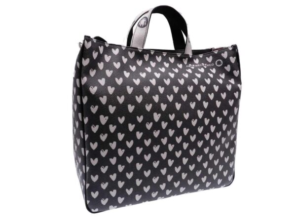 MAXI TOTE BAG BLACK AND WHITE WITH HEARTS FANTASY. AIRSTONE MODEL MADE OF HAMMERED FAUX LEATHER. - Unique Pieces Paul Meccanico