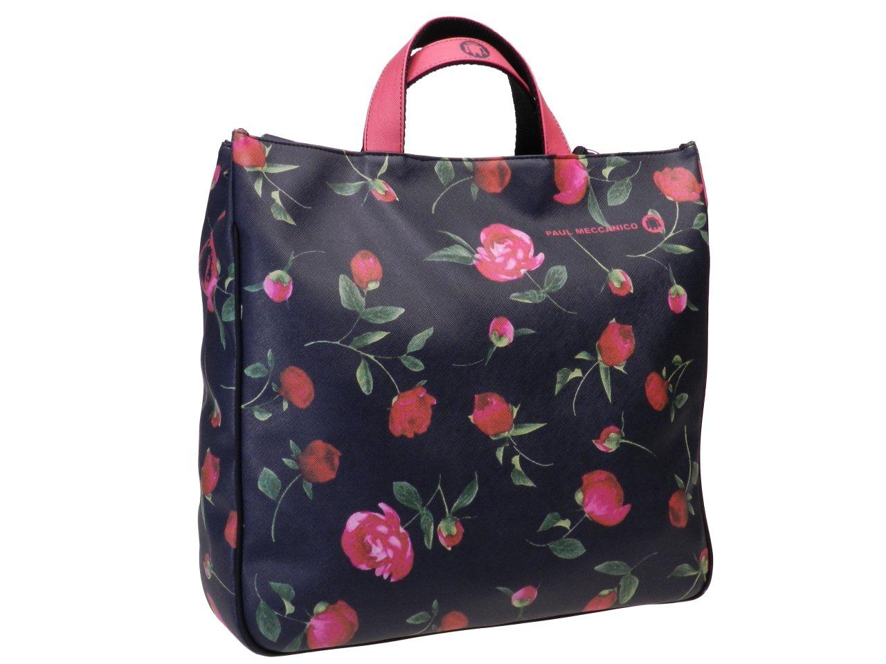 MAXI TOTE BAG BLACK COLOUR ROSES FANTASY. AIRSTONE MODEL MADE OF CRUELTY FREE LEATHER. - Unique Pieces Paul Meccanico