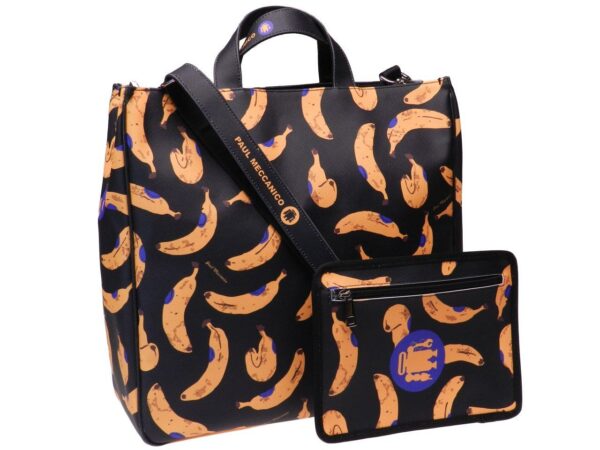 MAXI TOTE BAG BLACK COLOUR WITH "BANANAS" PRINT. AIRSTONE MODEL MADE OF SOFT SYNTHETIC LEATHER. - Unique Pieces Paul Meccanico