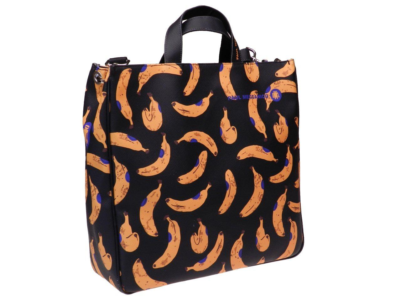 MAXI TOTE BAG BLACK COLOUR WITH "BANANAS" PRINT. AIRSTONE MODEL MADE OF SOFT SYNTHETIC LEATHER. - Unique Pieces Paul Meccanico