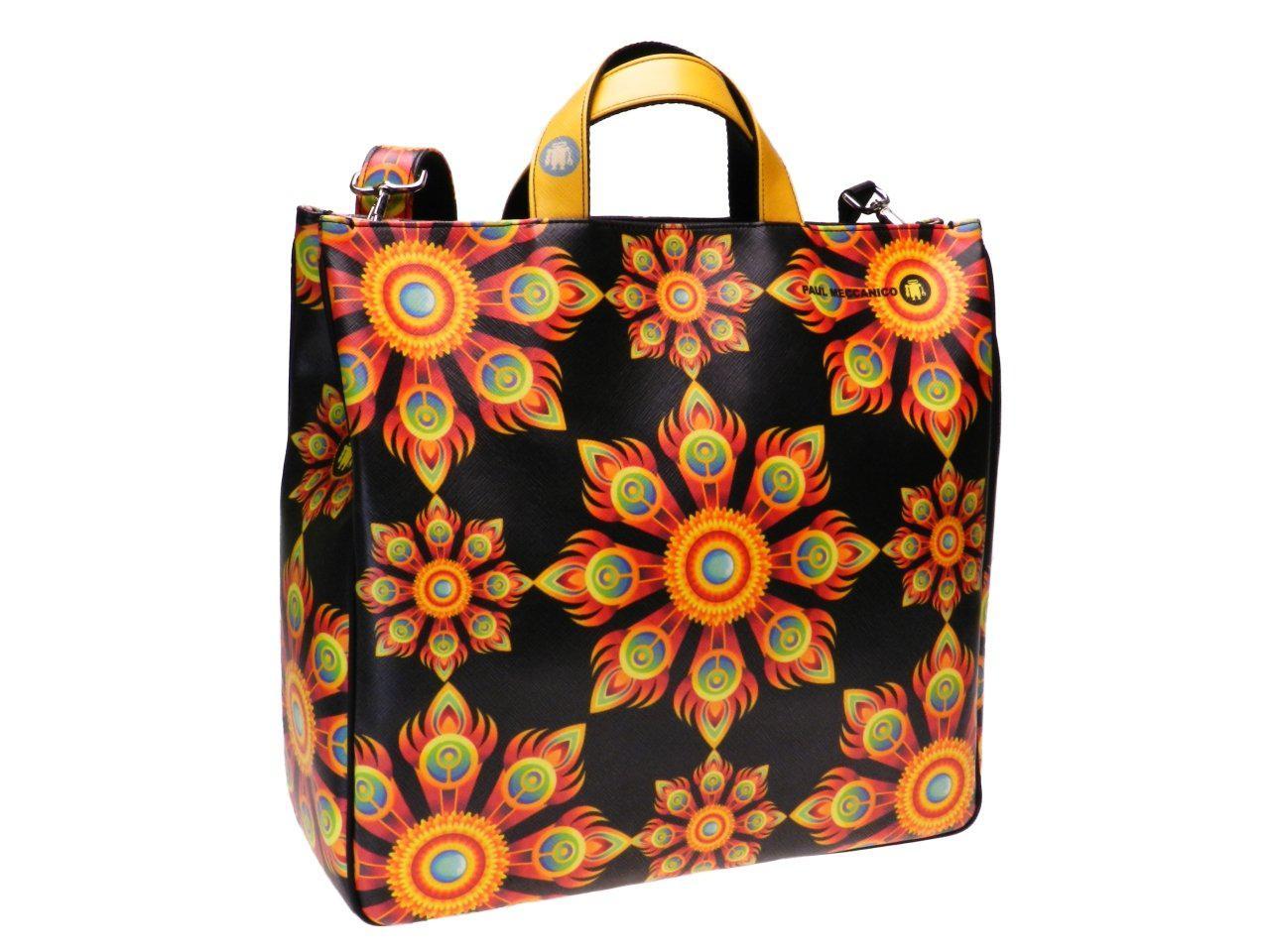 MAXI TOTE BAG BLACK COLOUR WITH FLAMES AND FLOWERS PRINT. AIRSTONE MODEL MADE OF SOFT SYNTHETIC LEATHER. - Unique Pieces Paul Meccanico