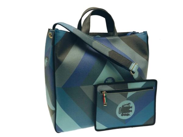 MAXI TOTE BAG BLUE COLOR MADE OF HAMMERED FAUX LEATHER. AIRSTONE MODEL GEOMETRIC FANTASY. - Unique Pieces Paul Meccanico