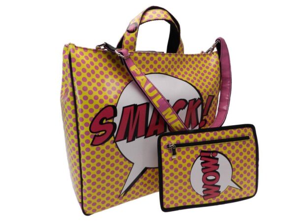 MAXI TOTE BAG CARTOON STYLE YELLOW AND FUCHSIA "SMACK - WOW". MODEL AIRSTONE MADE OF LORRY TARPAULIN. - Unique Pieces Paul Meccanico