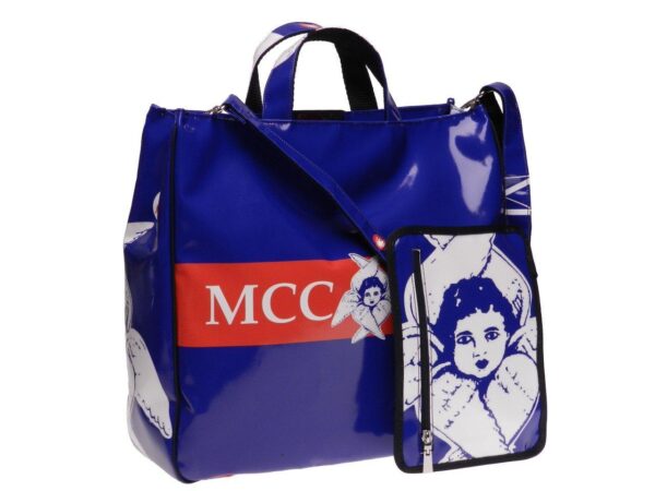 MAXI TOTE BAG DEDICATED TO SARNANO BLUE AND RED COLOURS WITH "ANGELO DEL SERAFINO". AIRSTONE MODEL MADE OF LORRY TARPAULIN. - Unique Pieces Paul Meccanico