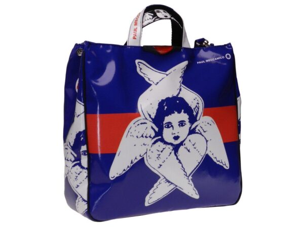 MAXI TOTE BAG DEDICATED TO SARNANO BLUE AND RED COLOURS WITH "ANGELO DEL SERAFINO". AIRSTONE MODEL MADE OF LORRY TARPAULIN. - Unique Pieces Paul Meccanico
