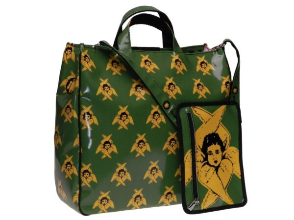 MAXI TOTE BAG DEDICATED TO SARNANO GREEN AND YELLOW COLOURS WITH "ANGELO DEL SERAFINO". AIRSTONE MODEL MADE OF LORRY TARPAULIN. - Unique Pieces Paul Meccanico