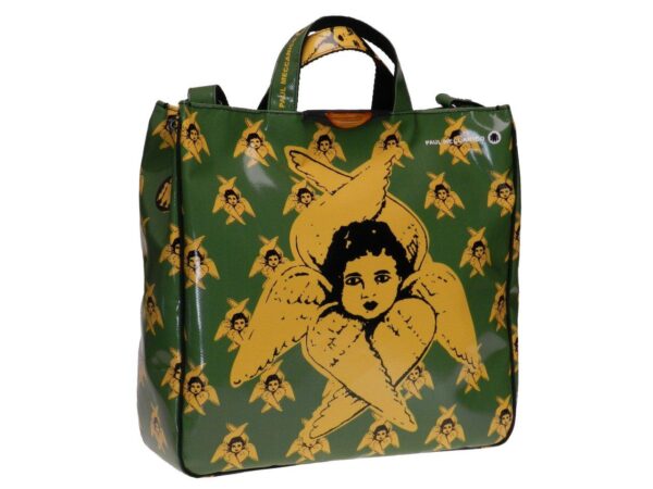 MAXI TOTE BAG DEDICATED TO SARNANO GREEN AND YELLOW COLOURS WITH "ANGELO DEL SERAFINO". AIRSTONE MODEL MADE OF LORRY TARPAULIN. - Unique Pieces Paul Meccanico