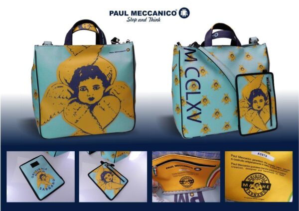 MAXI TOTE BAG DEDICATED TO SARNANO LIGHT BLUE COLOUR WITH "ANGELO DEL SERAFINO". AIRSTONE MODEL MADE OF HAMMERED FAUX LEATHER. - Unique Pieces Paul Meccanico